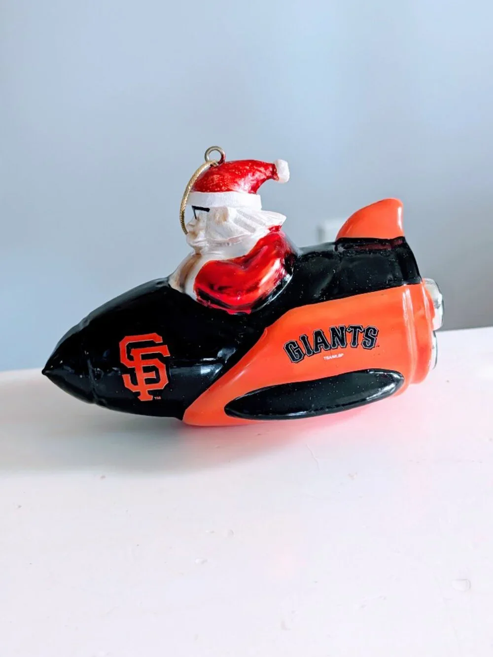 San Francisco Giants MLB Blown Glass Rocket Ship Christmas Ornament Santa NIB